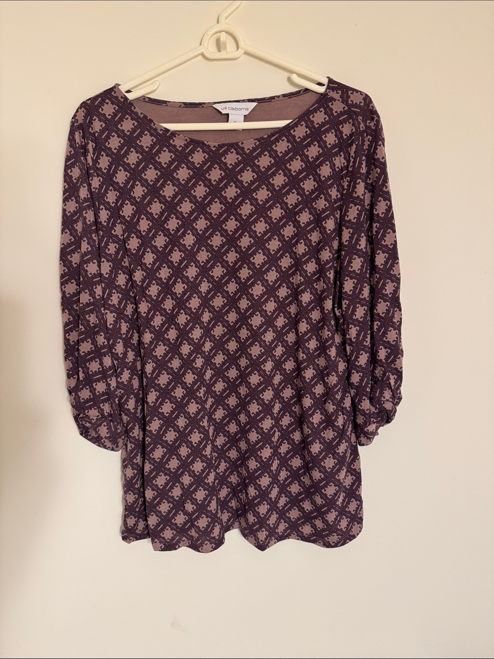 Liz Claiborne Mauve & Dark Purple Geometric Scoop Neck Long Sleeve Top